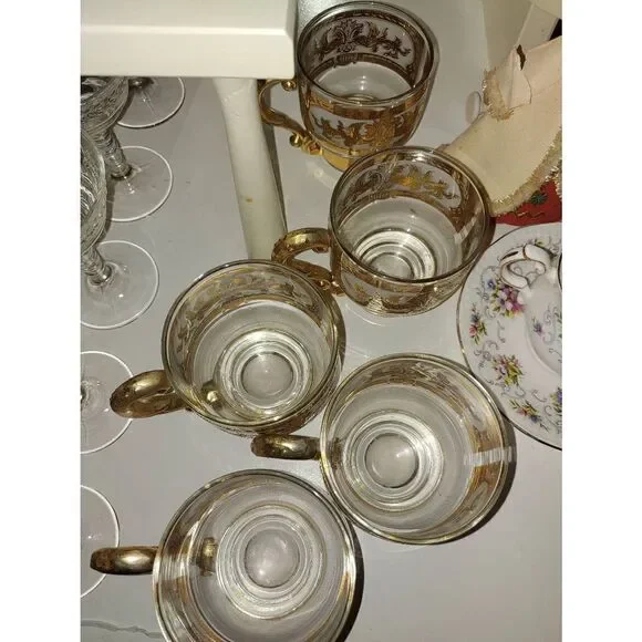 Vintage Set Of 5 Glass W/ Gold Accent Hot Toddy Cups. - Picture 3 of 8
